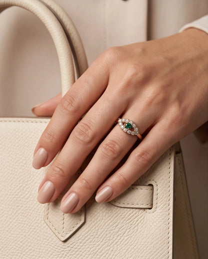 Emerald & Crystal Scalloped Halo Ring
