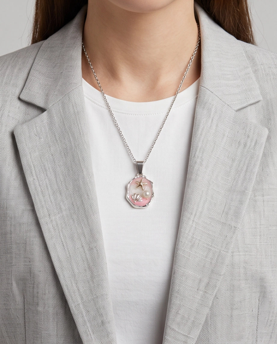 Silver Pink Seashell Starfish Pearl Enamel Medallion Chain Necklace