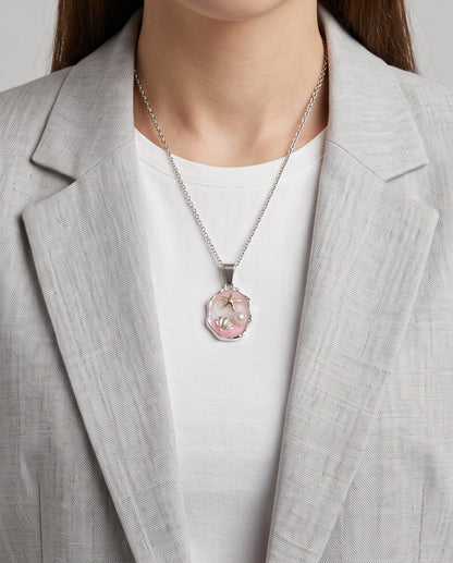 Silver Pink Seashell Starfish Pearl Enamel Medallion Chain Necklace