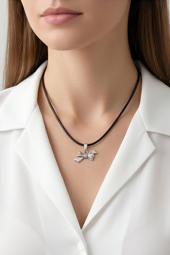 Silver Retro Ribbon Bow Necklace