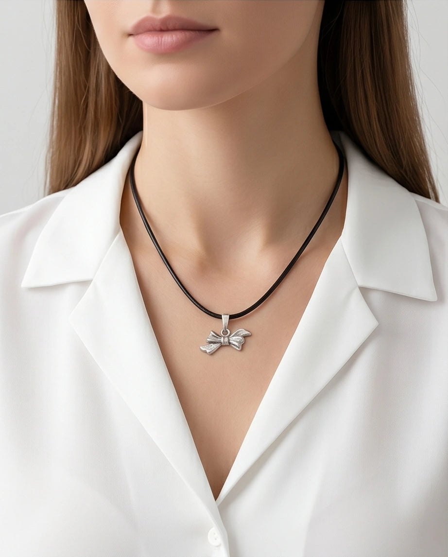 Silver Retro Ribbon Bow Necklace