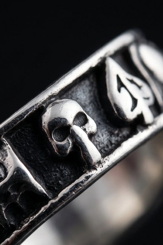 Gothic Sterling Silver Skull and Card Suits Band Ring