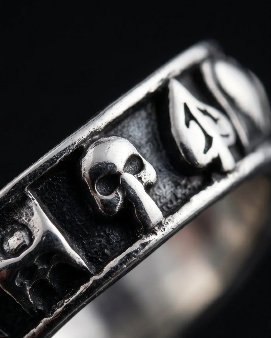 Gothic Sterling Silver Skull and Card Suits Band Ring