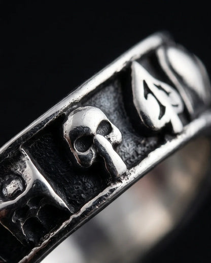Gothic Sterling Silver Skull and Card Suits Band Ring