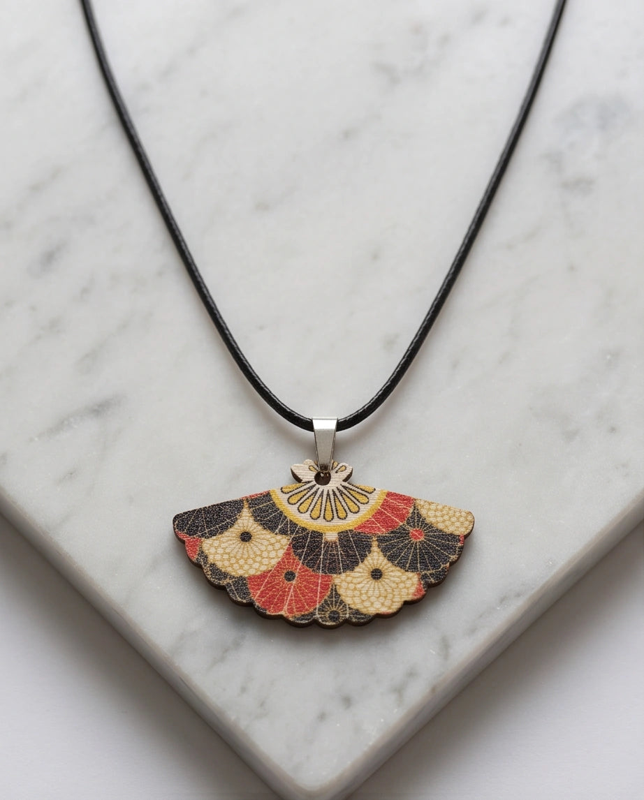 Vintage Geometric Kimono Hand-Fan Pendant Necklace