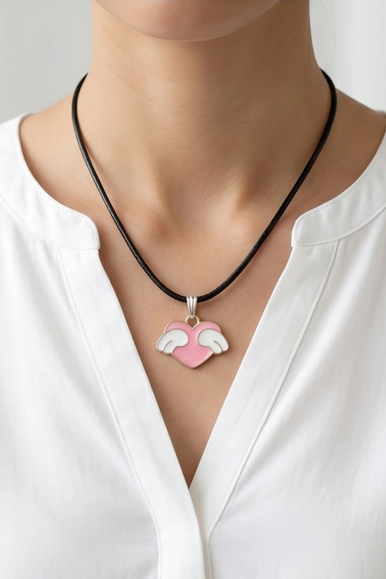 Pink Enamel Angel Winged Heart Pendant Necklace