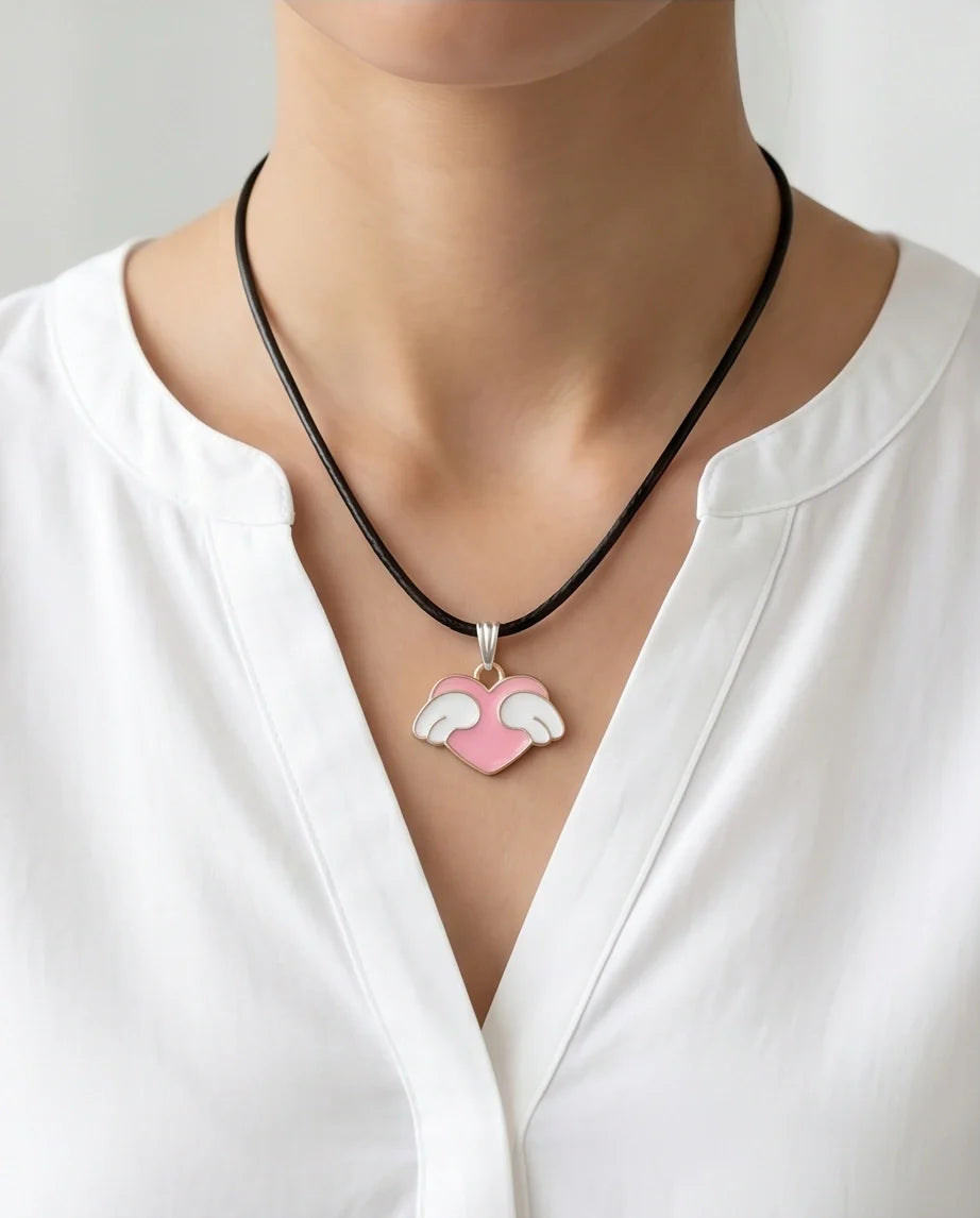 Pink Enamel Angel Winged Heart Pendant Necklace