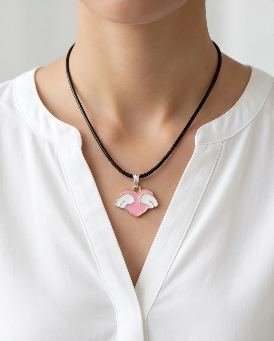 Pink Enamel Angel Winged Heart Pendant Necklace
