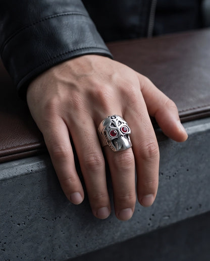 Ruby-Eyed Mechanical Mask Skull Ring
