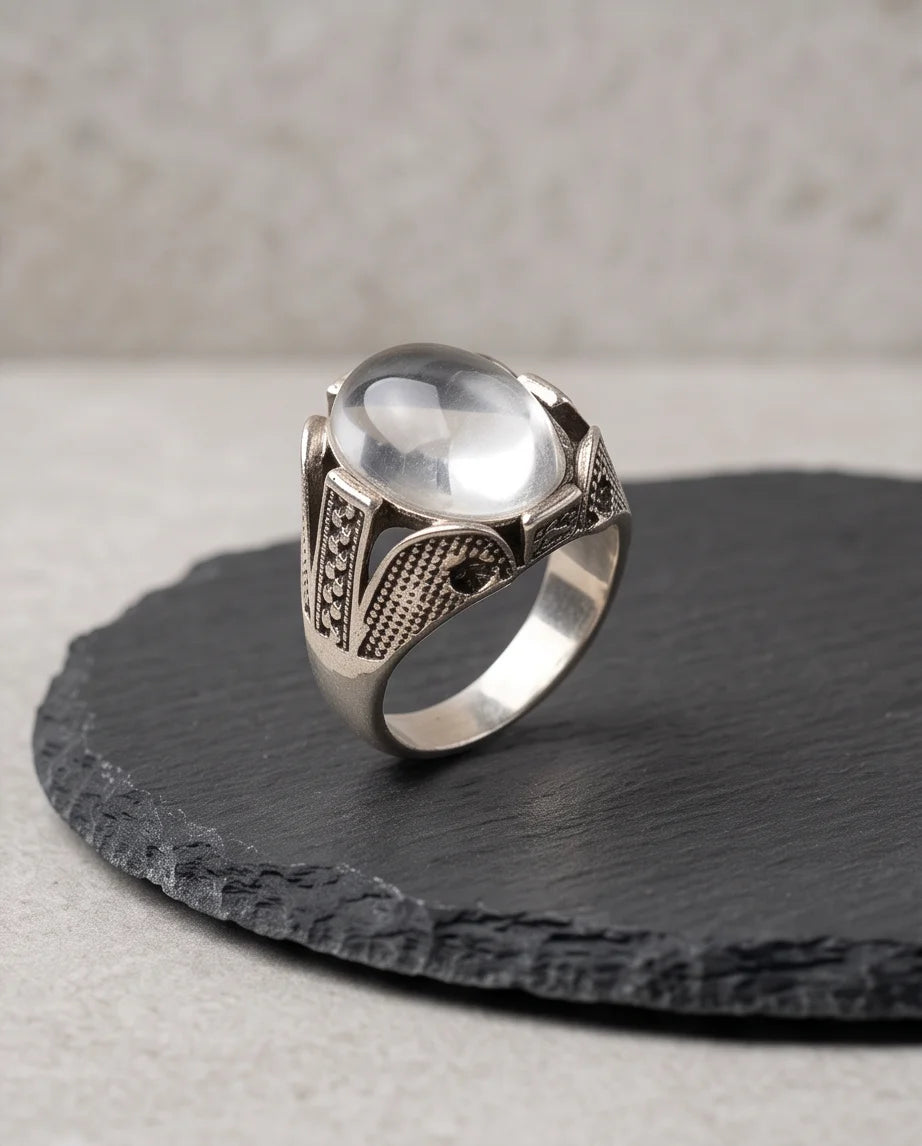 Lunar Cabochon Textured Signet Ring