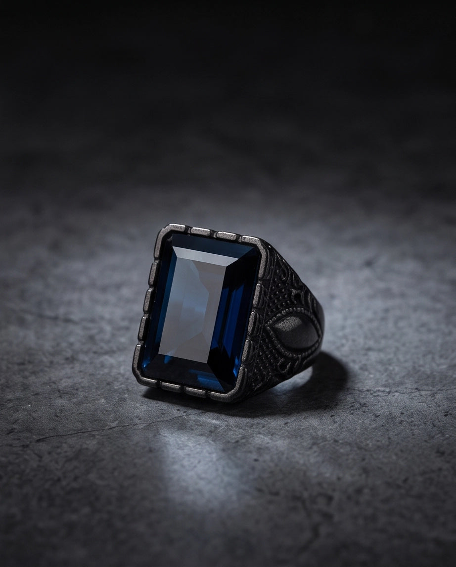 Deep Sapphire Emerald-Cut Gemstone Architectural Filigree Silver Ring