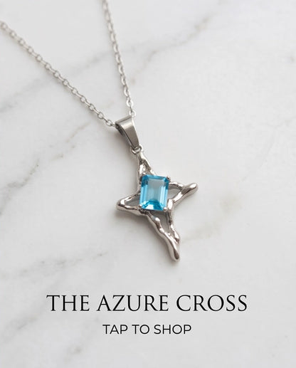 Silver Blue Gemstone Gothic Cross Pendant Necklace