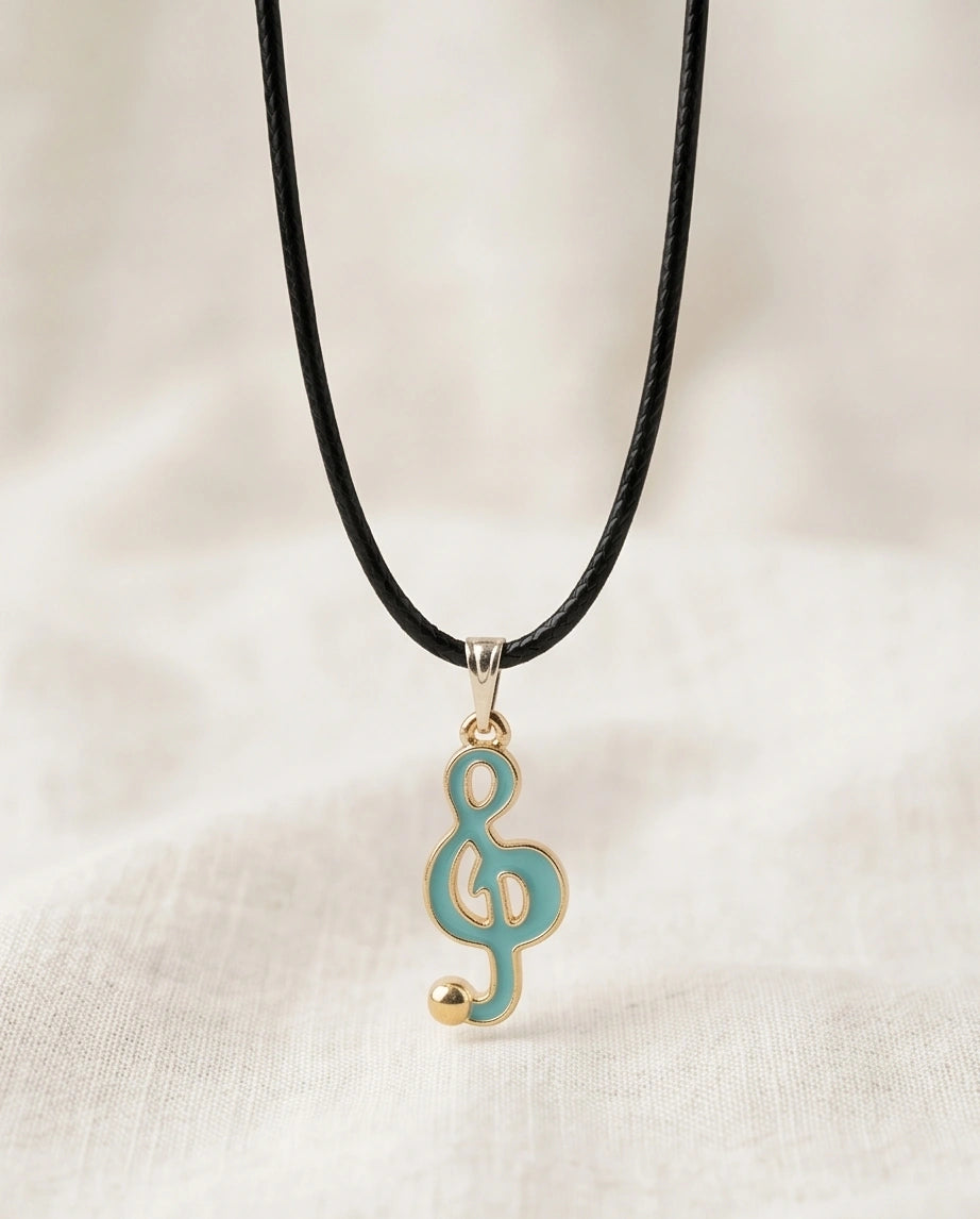 Gold and Light Blue Treble Clef Necklace