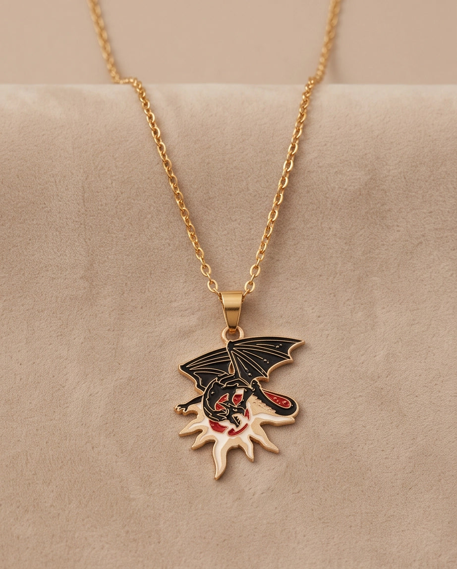Gold Celestial Sun Dragon Enamel Pendant Necklace