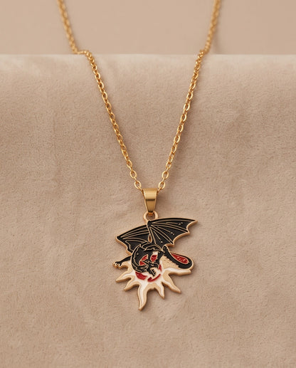 Gold Celestial Sun Dragon Enamel Pendant Necklace