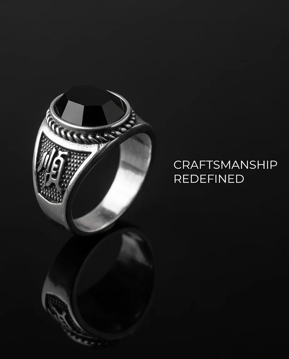 Onyx-Style Faceted Oval Rope-Trim Kanji Character Silver Ring