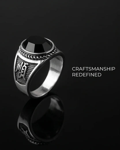 Onyx-Style Faceted Oval Rope-Trim Kanji Character Silver Ring