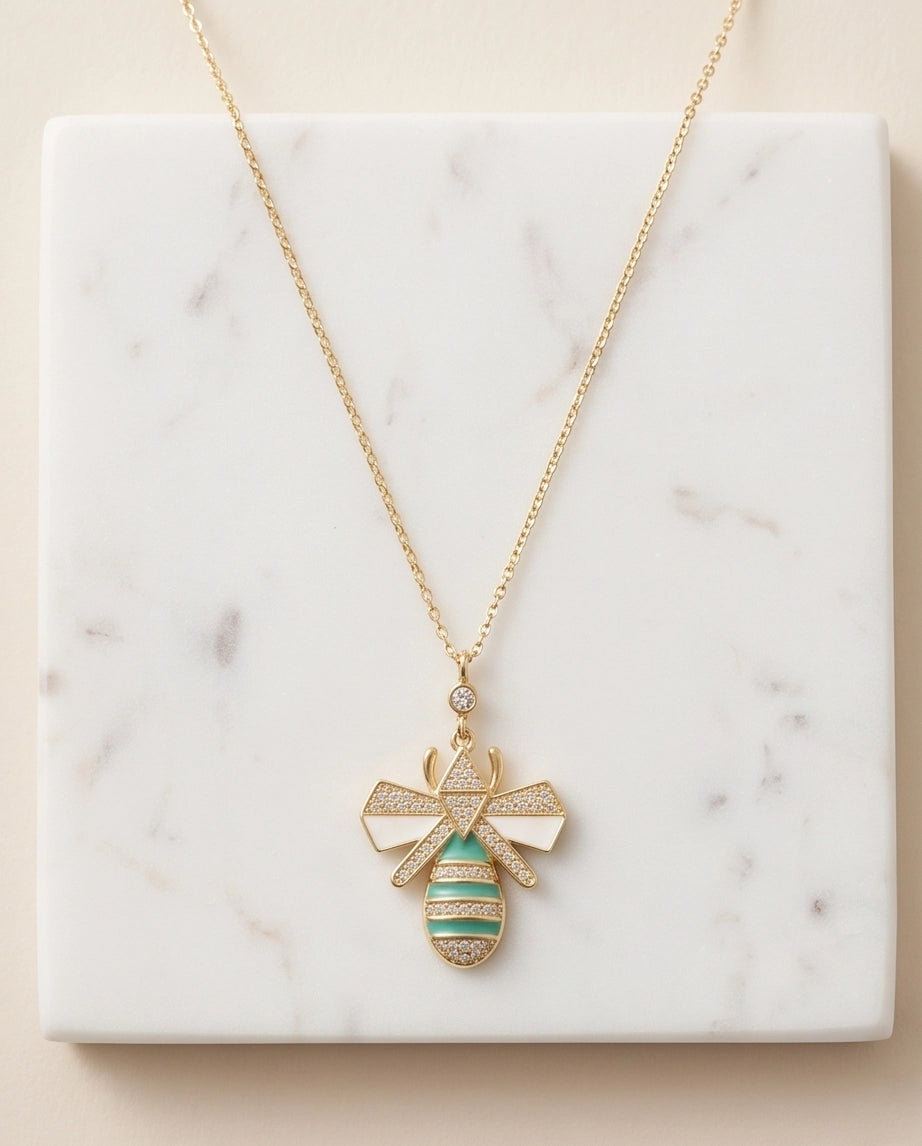 Gold Turquoise Enamel Bee Necklace