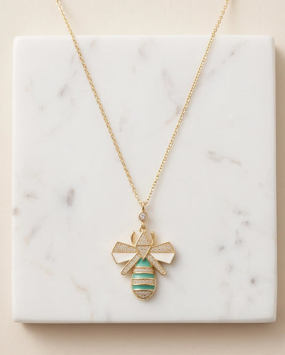 Gold Turquoise Enamel Bee Necklace