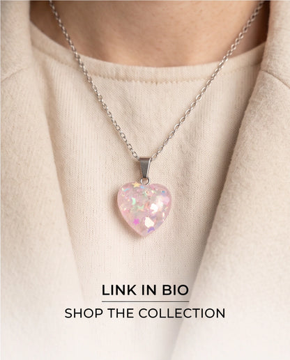 Silver Bubblegum Pink Glitter Heart Resin Pendant Necklace