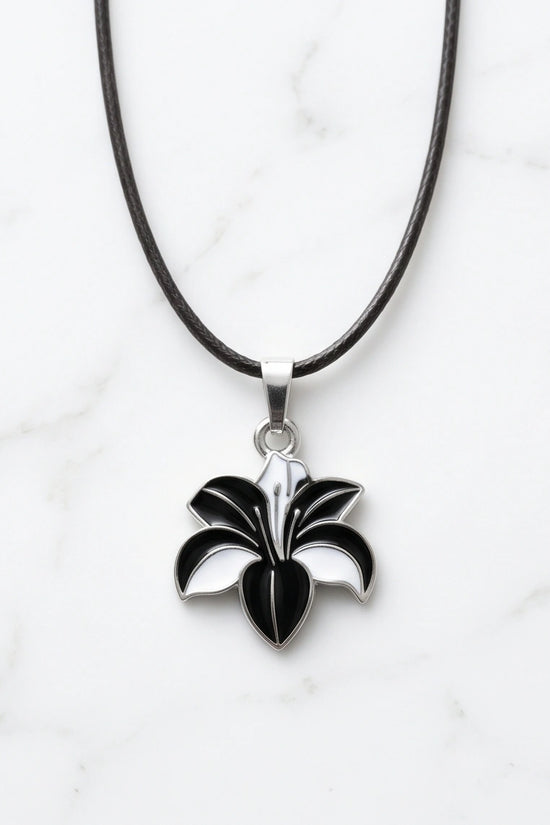 Bold Black and White Lily Enamel Pendant Necklace