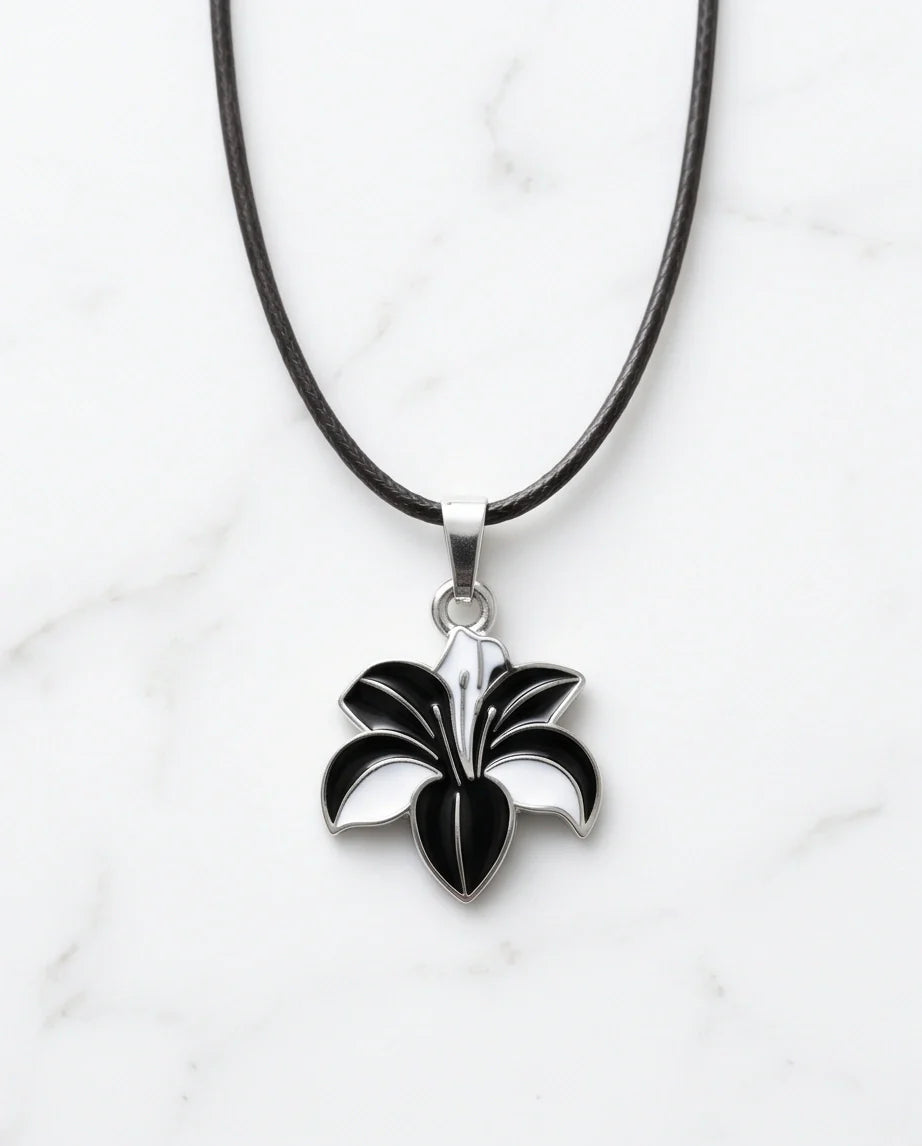 Bold Black and White Lily Enamel Pendant Necklace