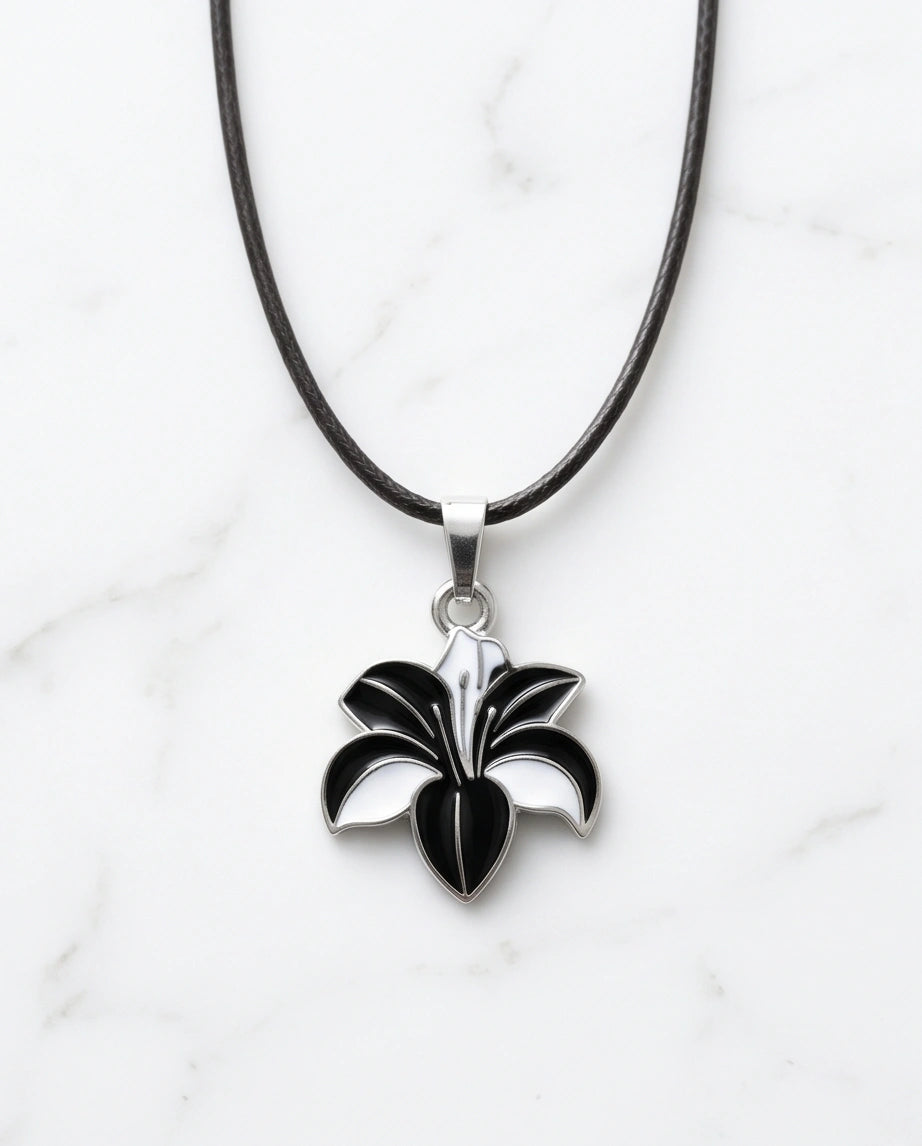 Bold Black and White Lily Enamel Pendant Necklace