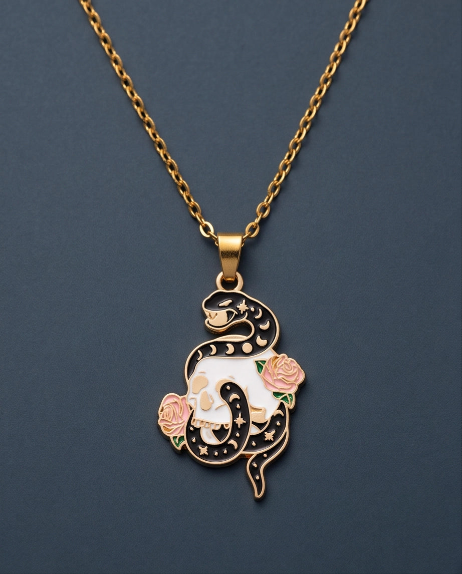 Gold Snake, Skull & Rose Enamel Pendant Necklace
