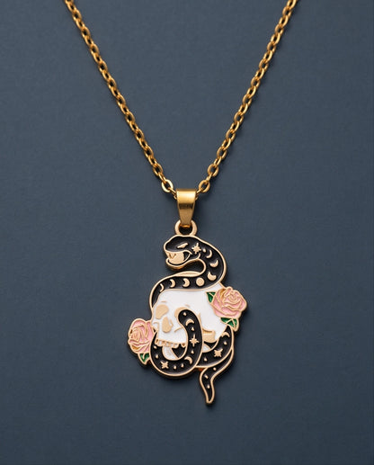 Gold Snake, Skull & Rose Enamel Pendant Necklace