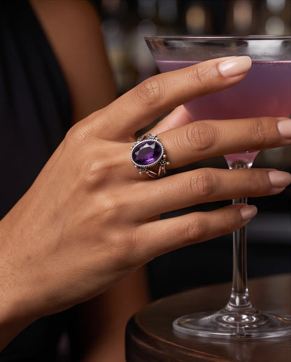 Amethyst Gemstone Fluted Bezel Sword-Cross Silver Ring