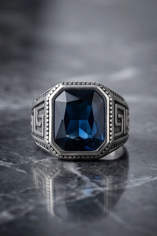 Vintage Greek Key Deep Blue Gemstone Ring