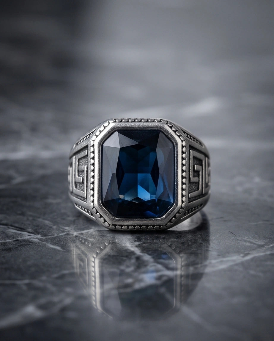 Vintage Greek Key Deep Blue Gemstone Ring