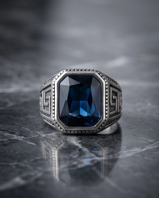 Vintage Greek Key Deep Blue Gemstone Ring