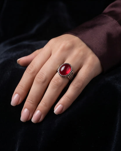 Ruby Cabochon Beaded Bezel Floral Silver Ring