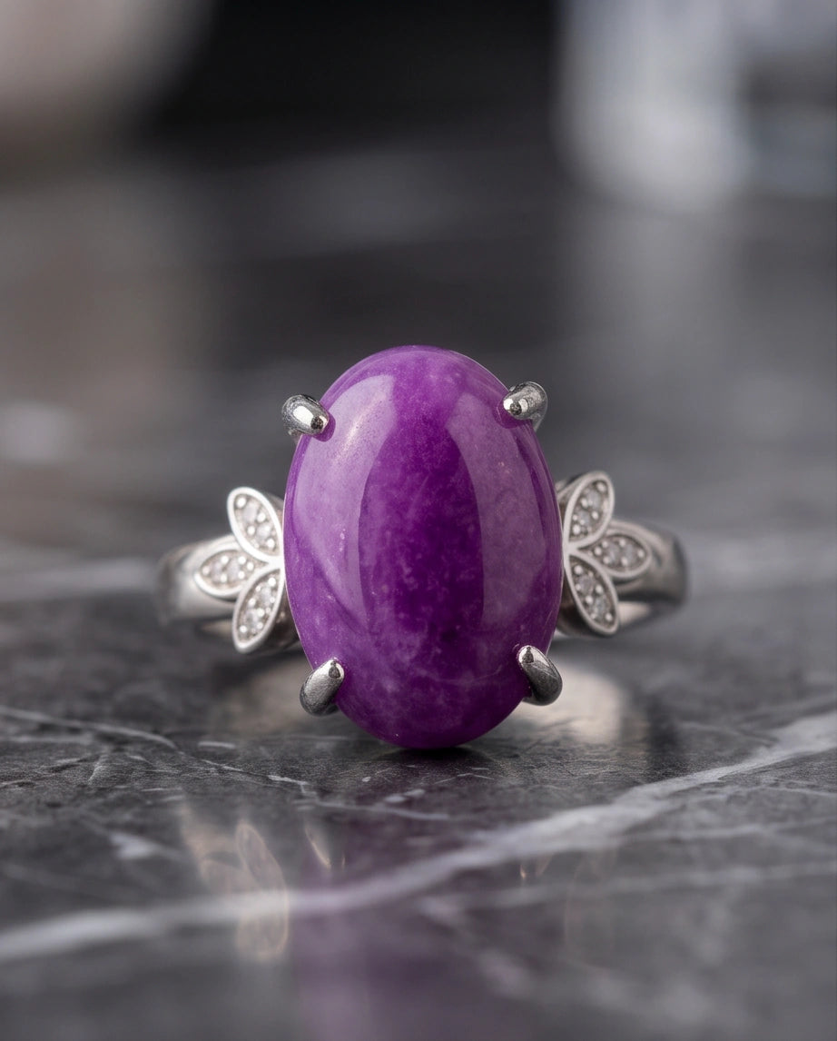 "Ethereal Purple Jade Leaf Statement Ring"