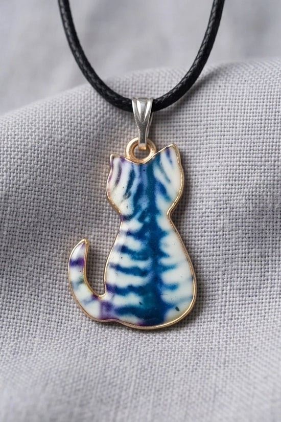 Artistic Blue Watercolor Feline Silhouette Pendant Necklace