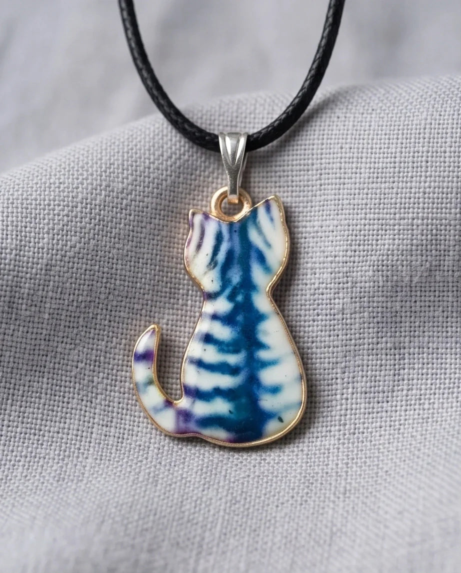 Artistic Blue Watercolor Feline Silhouette Pendant Necklace