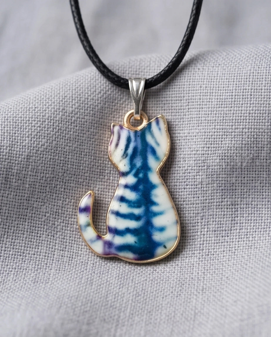 Artistic Blue Watercolor Feline Silhouette Pendant Necklace