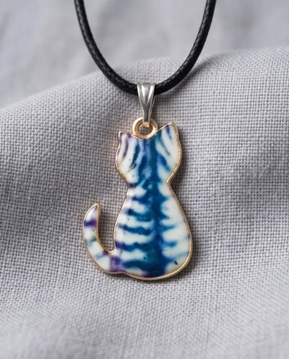 Artistic Blue Watercolor Feline Silhouette Pendant Necklace