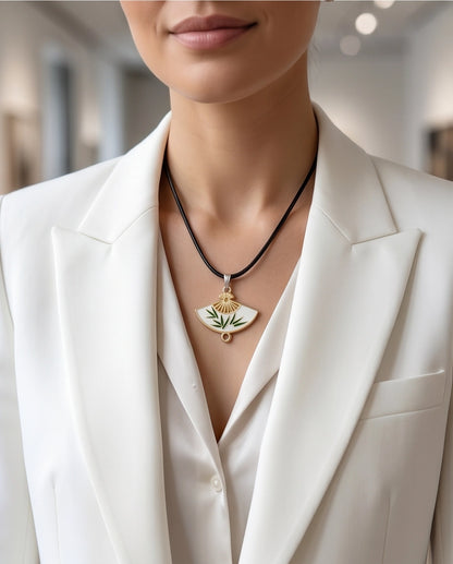 White Enamel Bamboo Fan Pendant Necklace