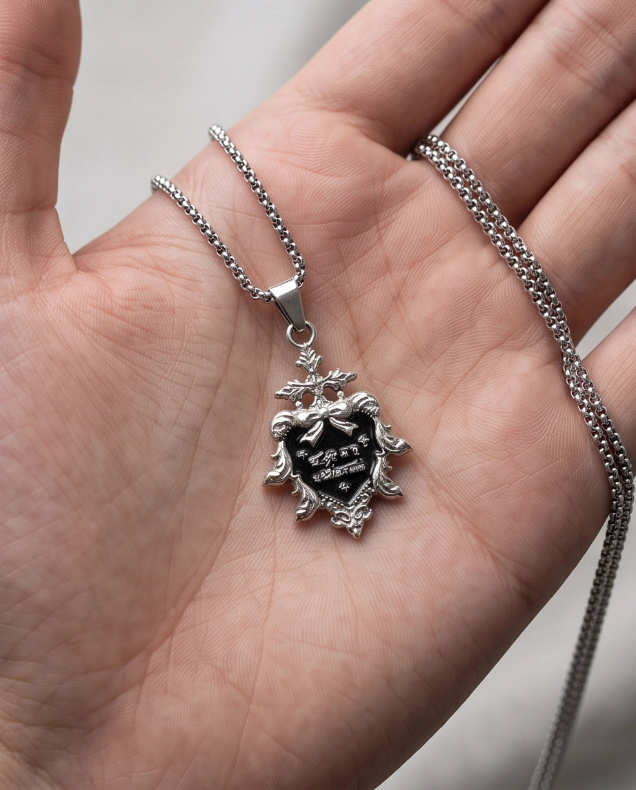 Silver Vintage Heart Engraved Black Enamel Pendant Necklace