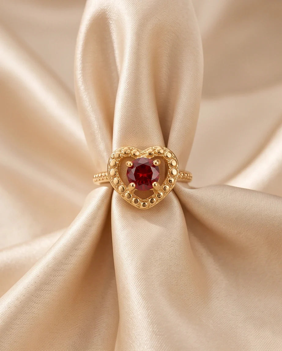 Vintage Gold Ruby Granulated Heart Ring