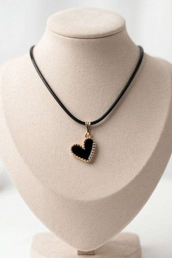 Gold Beaded Black Enamel Heart Necklace