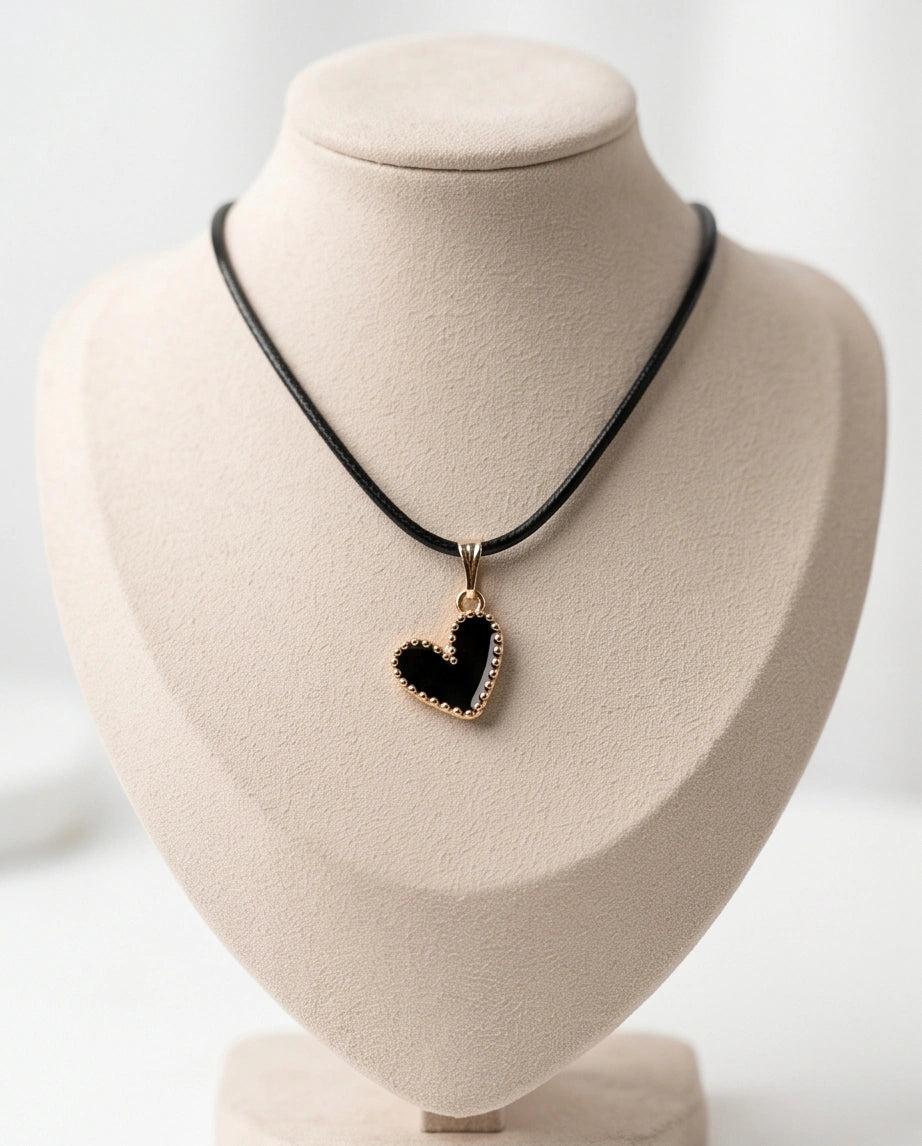 Gold Beaded Black Enamel Heart Necklace