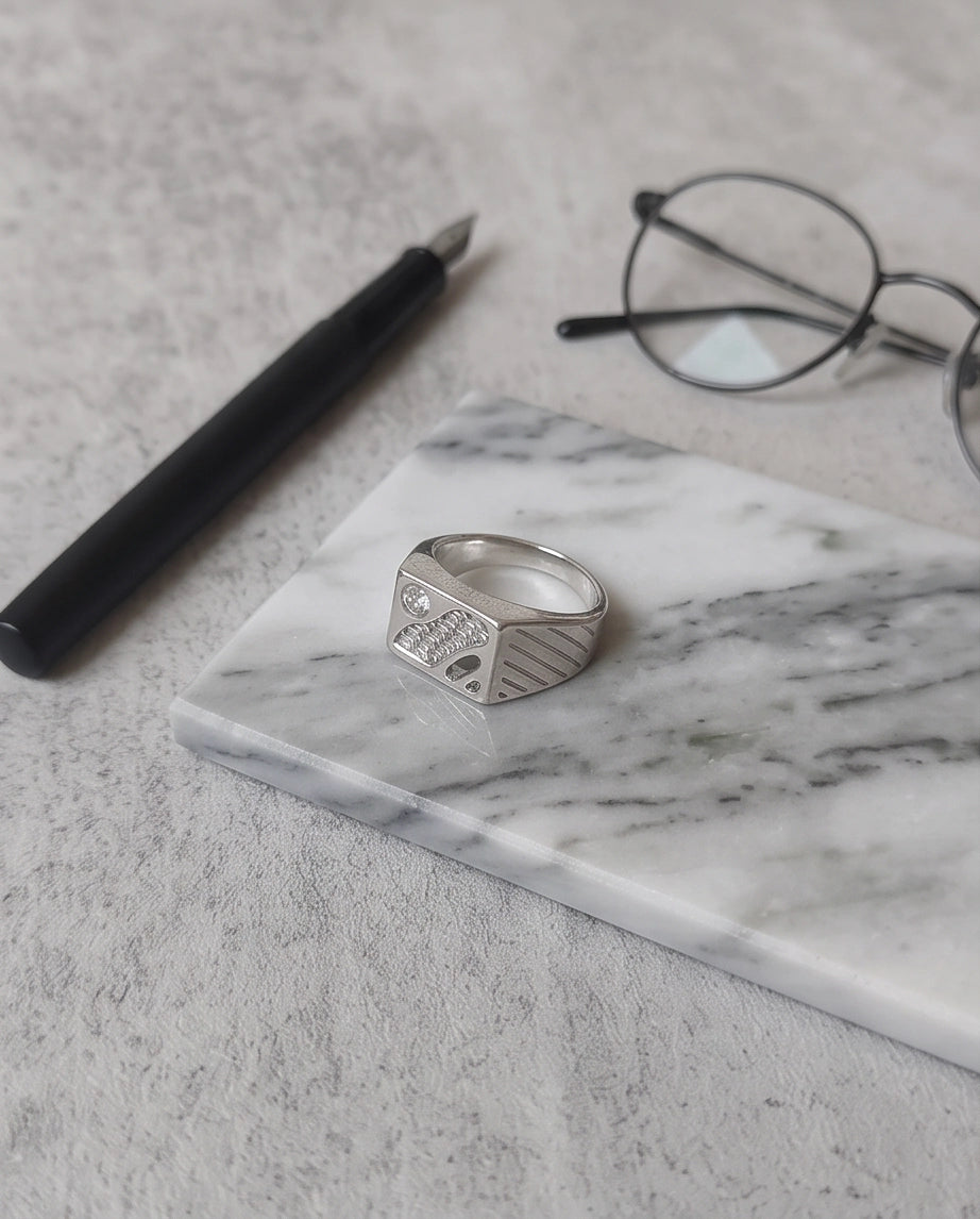 Abstract Textured Multi-Inlay Asymmetrical Signet Silver Ring