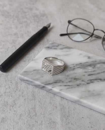 Abstract Textured Multi-Inlay Asymmetrical Signet Silver Ring