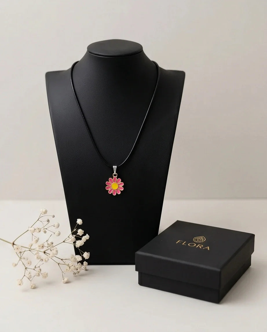 Pink Daisy Flower Enamel Pendant Choker Necklace