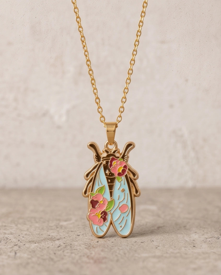 Gold Floral Cicada Enamel Chain Necklace