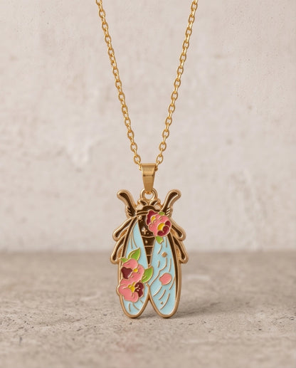 Gold Floral Cicada Enamel Chain Necklace
