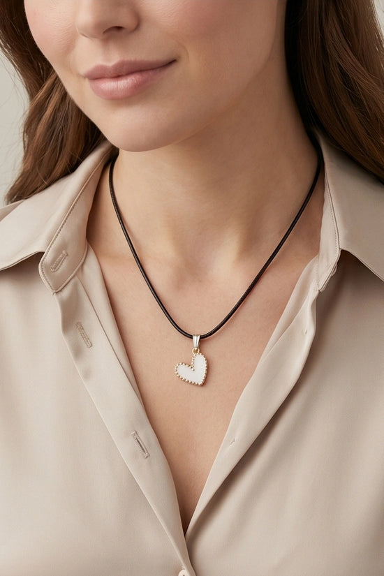 Gold and White Beaded Heart Necklace